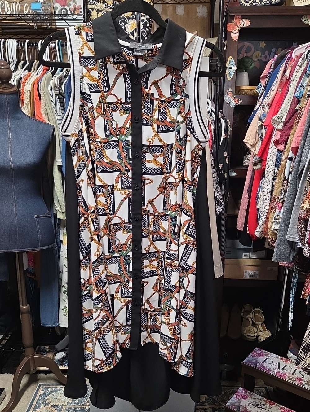 Gracia Black-Trim High-Low Chain Print Tunic in White, Black, Brown & Gold